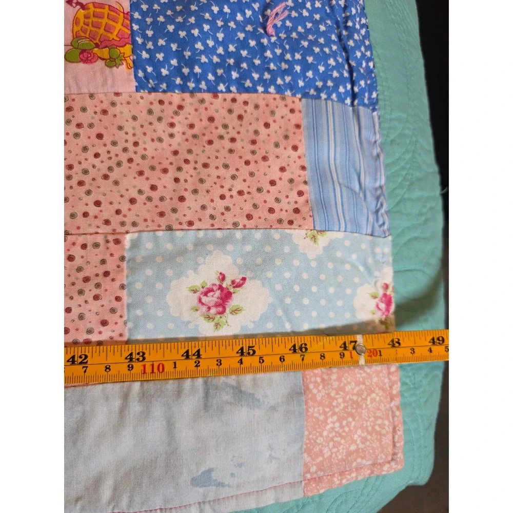 Handmade Patchwork Baby Quilt Pink Blue Hippo Floral Bandana Back 48x47